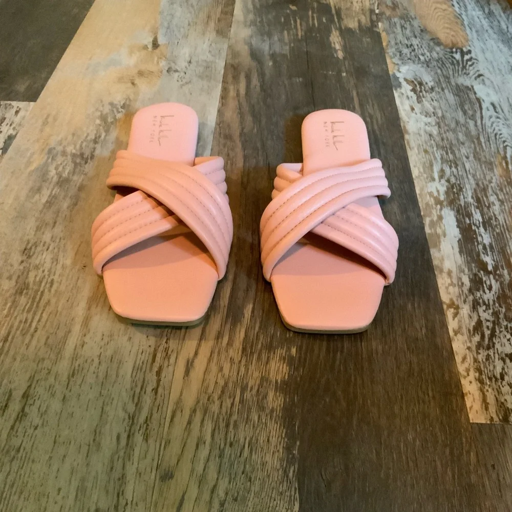 Nicole Miller Blush Pink Quilted Cross-Strap Slide Sandals